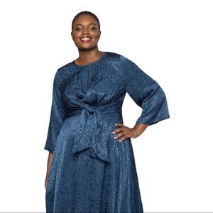 Eloquii Blue Leopard Office Party Sapphire Satin Tie Front Midi Mid Calf Dress